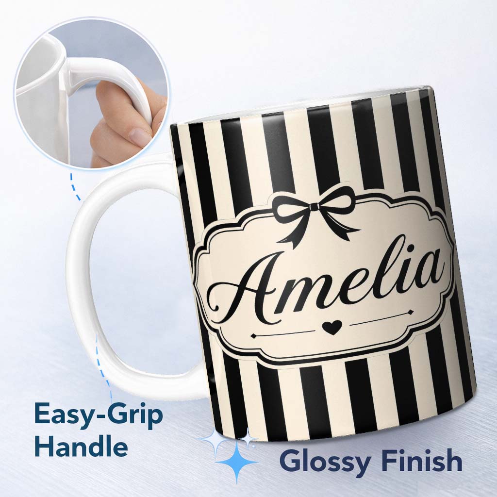 Personalized Custom Name Minimal Black White Wavy Stripe Seamless Pattern Name Cute Unique 11oz Ceramic Coffee Tea Mug White Large Handle