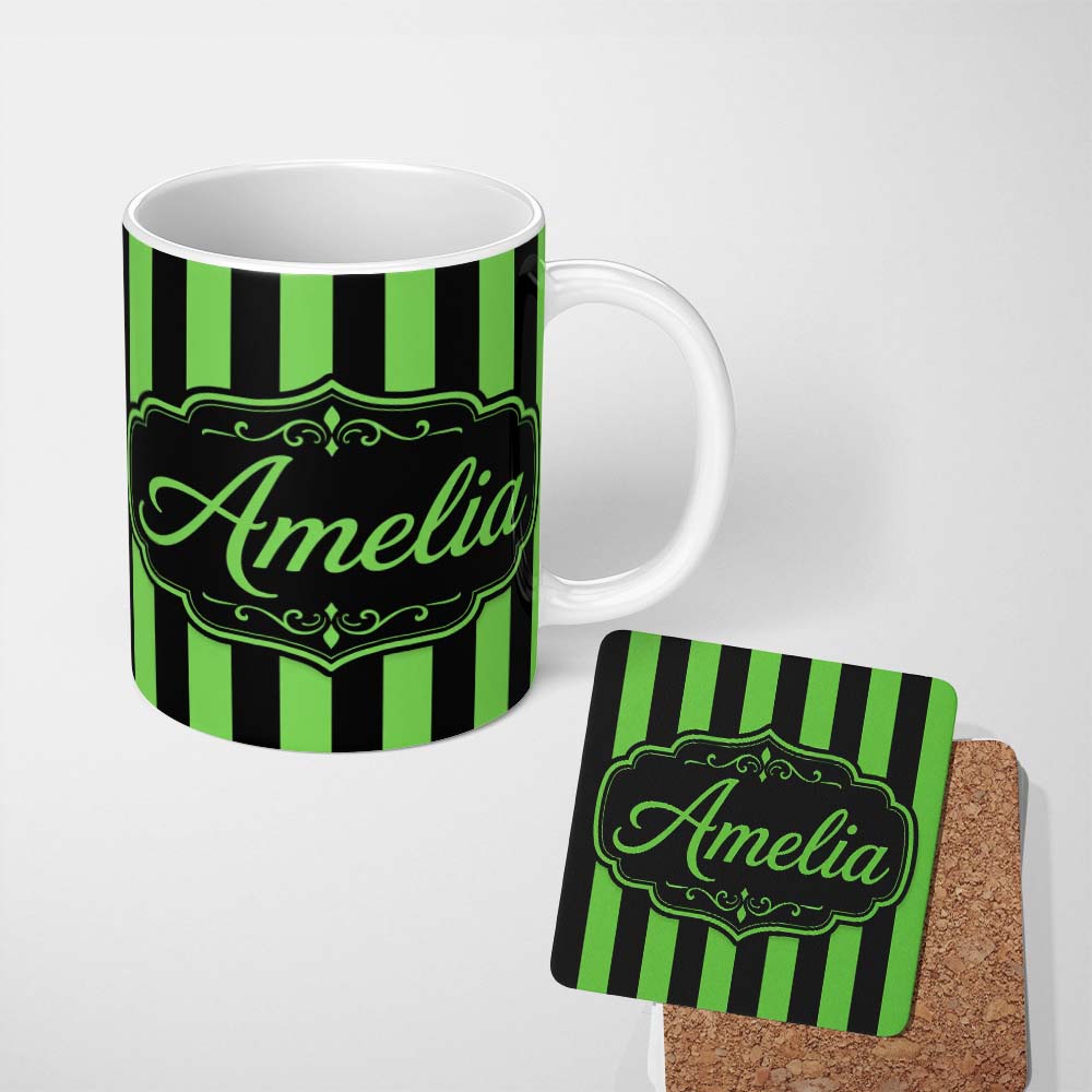 Personalized Custom Name Green Black Wavy Stripe Abstract Seamless Pattern Name Cute Unique 11oz Ceramic Coffee Tea Mug White Large Handle