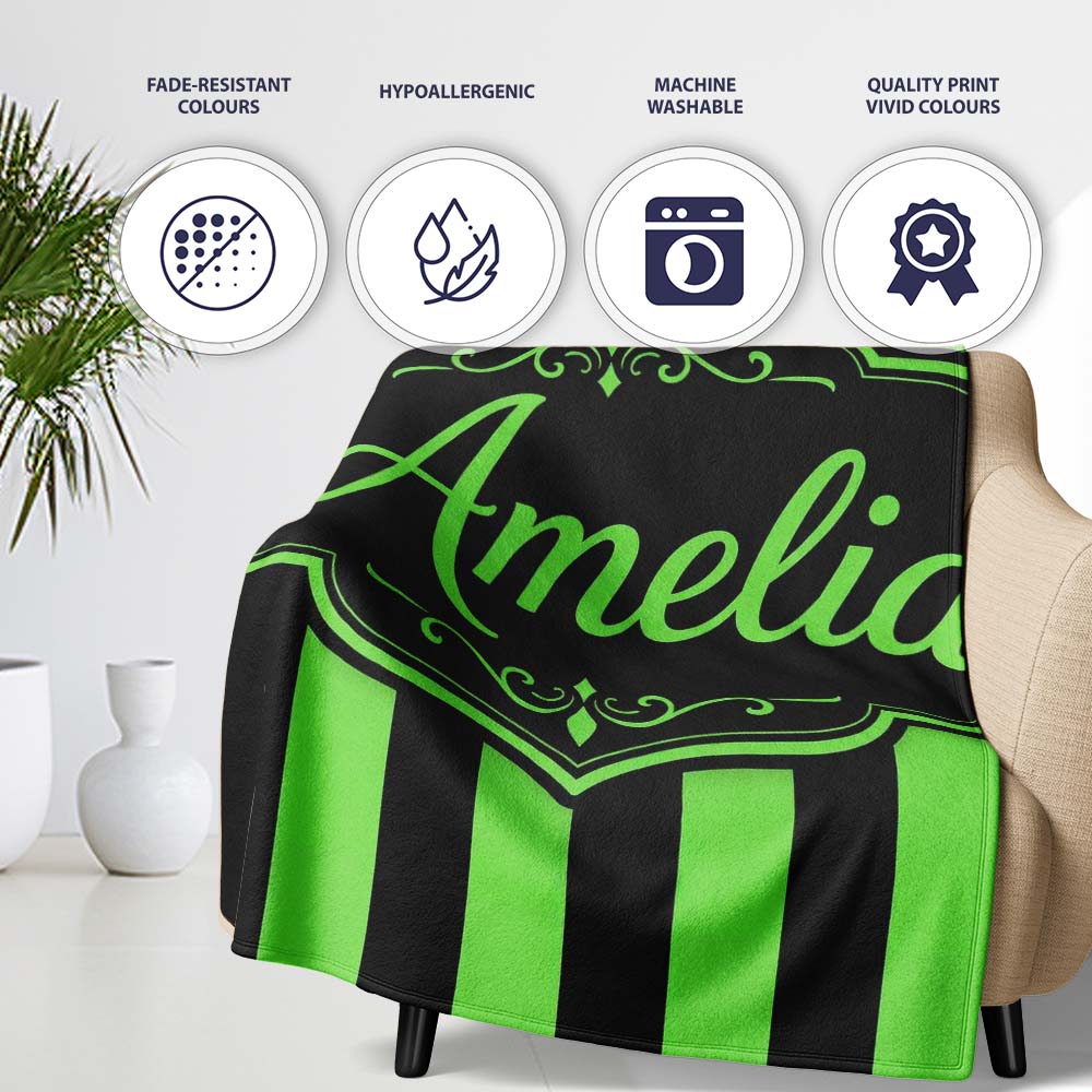 Green Black Wavy Stripe Abstract Seamless Pattern Name Cute Unique Personalised Custom Name Super Soft Fleece Blanket Bed Sofa Throw