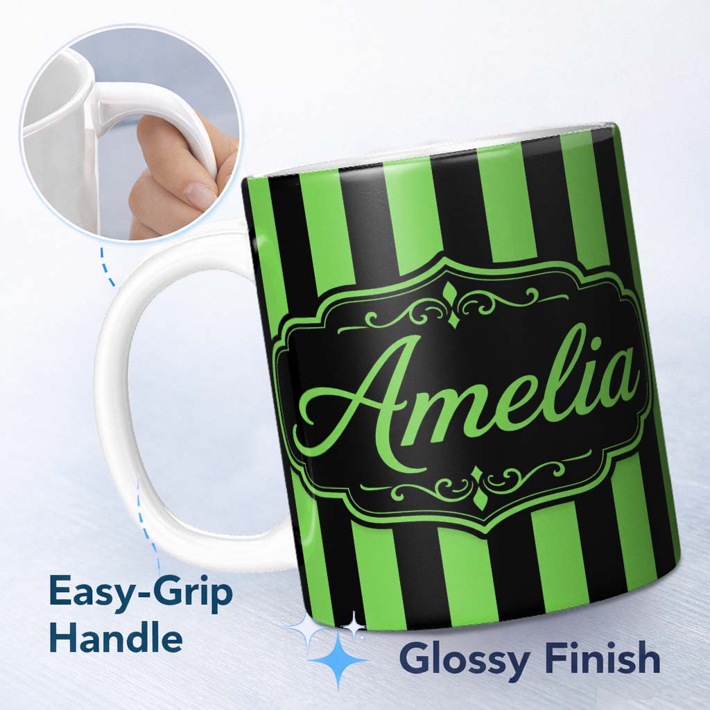 Personalized Custom Name Green Black Wavy Stripe Abstract Seamless Pattern Name Cute Unique 11oz Ceramic Coffee Tea Mug White Large Handle