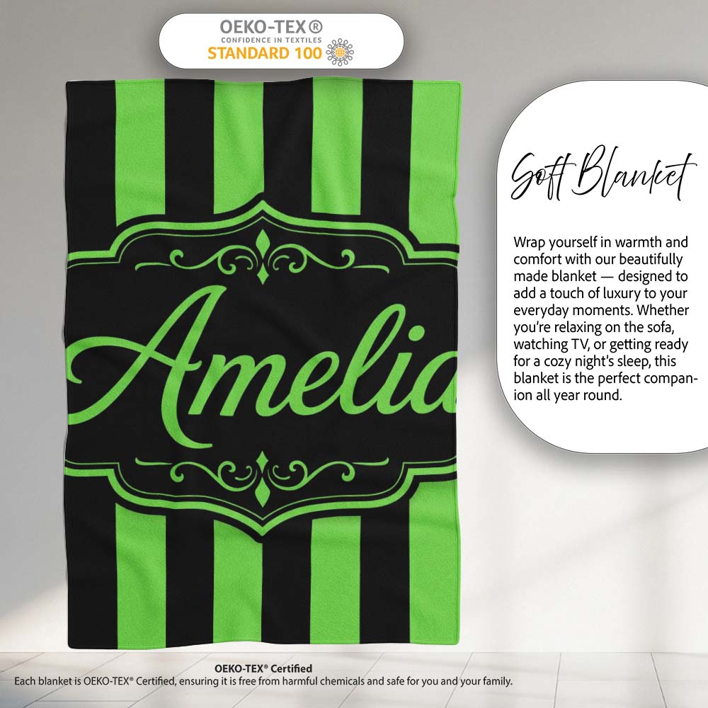 Green Black Wavy Stripe Abstract Seamless Pattern Name Cute Unique Personalised Custom Name Super Soft Fleece Blanket Bed Sofa Throw