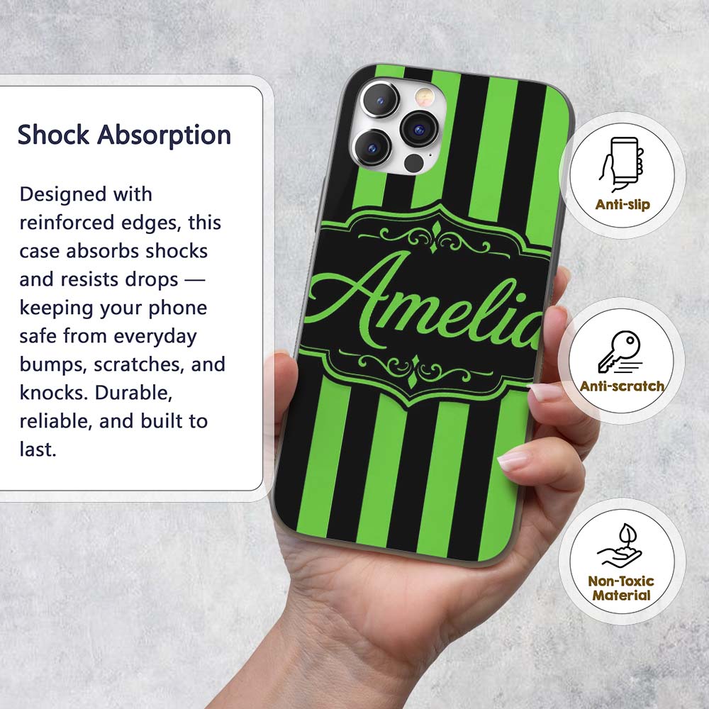 Green Black Wavy Stripe Abstract Seamless Pattern Custom Name Protective Phone Case Mobile Cover Durable Everyday Smartphone Shock Resistant