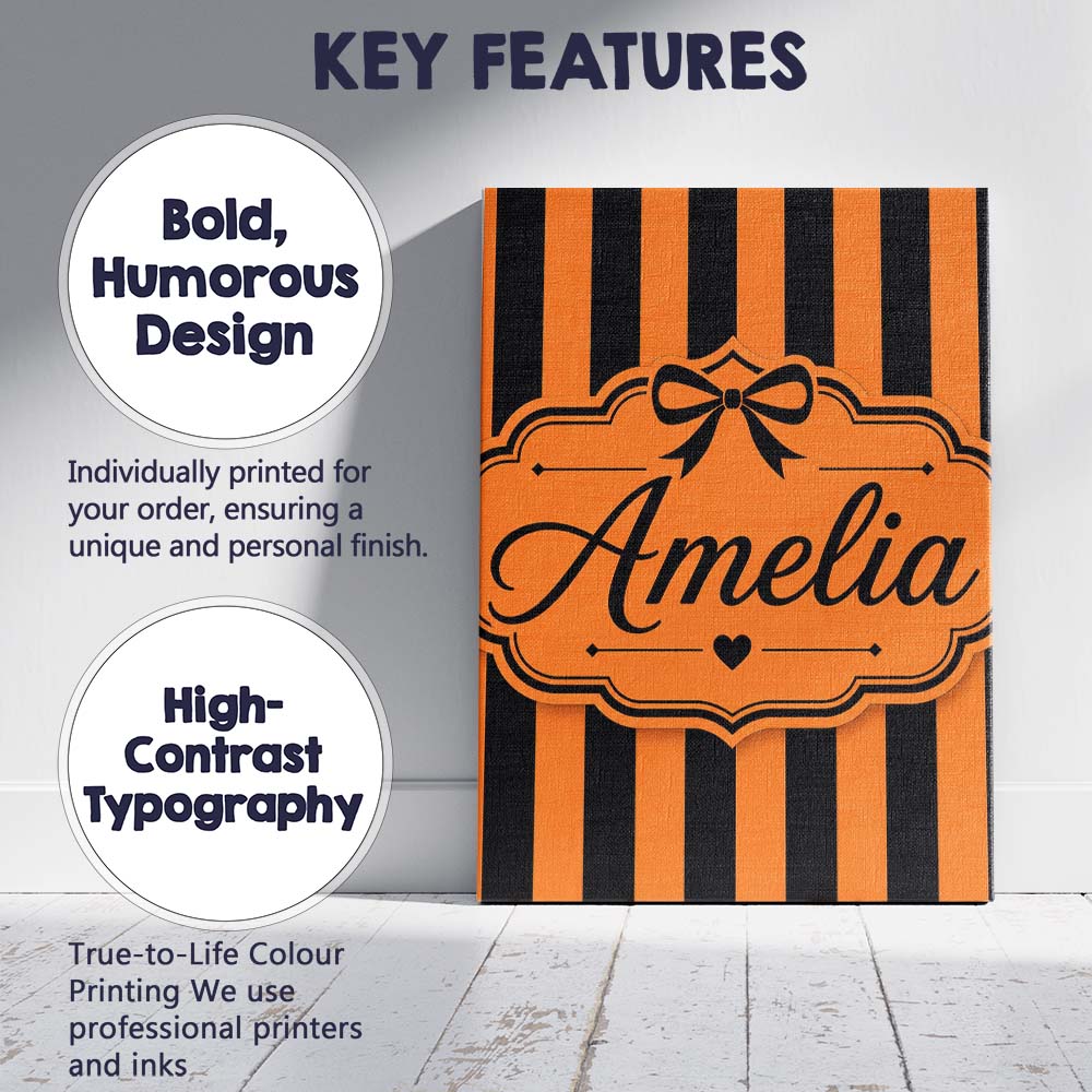 Personalised Name Orange Black Wavy Stripe Custom Unique Gift Idea Elegant Feature Canvas Wall Art Print Decor Picture Ready to Hang