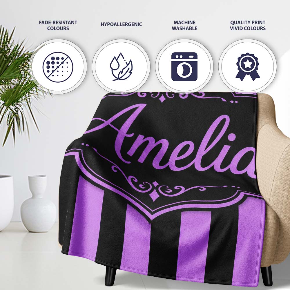 Purple Black Wavy Stripe Abstract Seamless Pattern Name Cute Unique Personalised Custom Name Super Soft Fleece Blanket Bed Sofa Throw