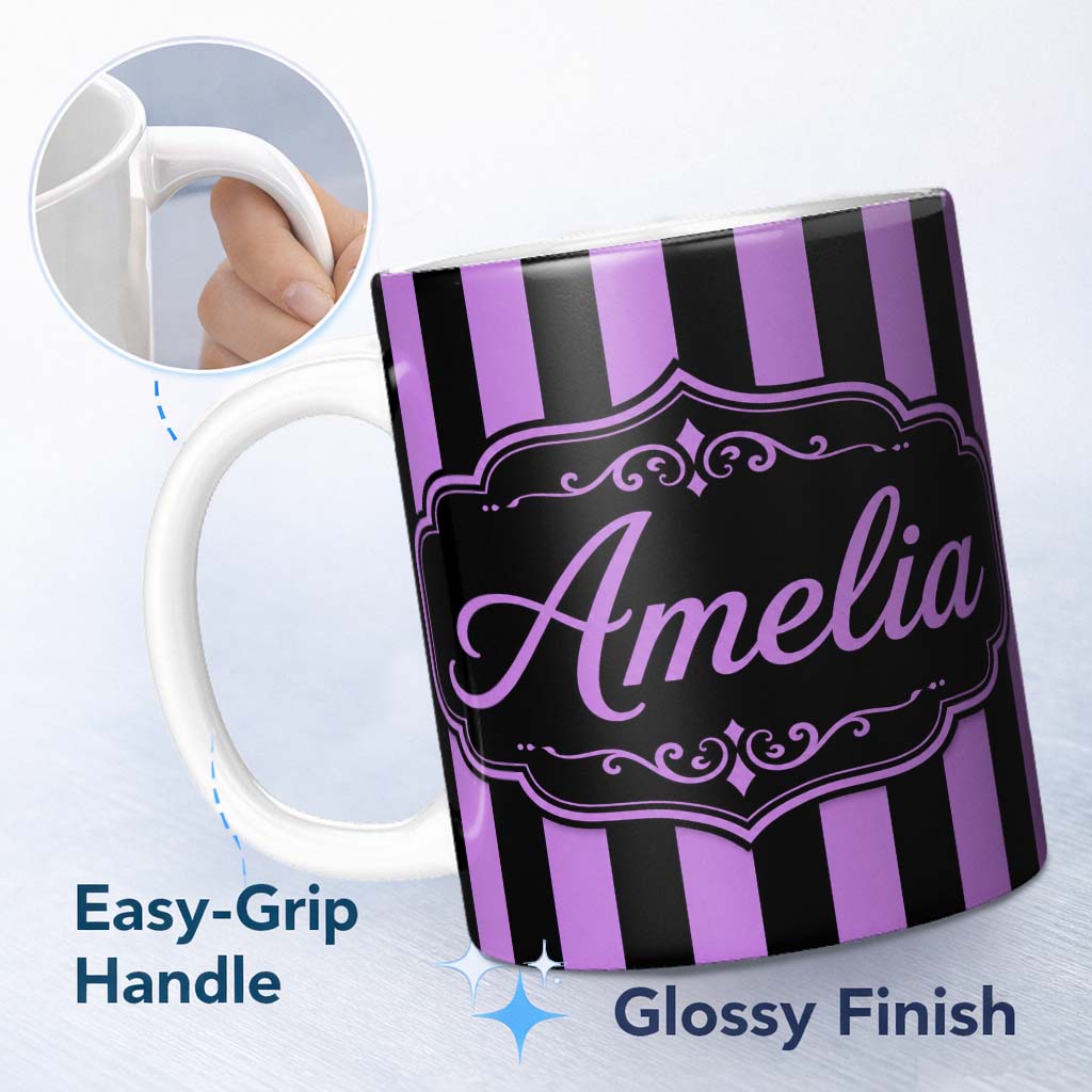 Personalized Custom Name Purple Black Wavy Stripe Abstract Seamless Pattern Name Cute Unique 11oz Ceramic Coffee Tea Mug White Large Handle