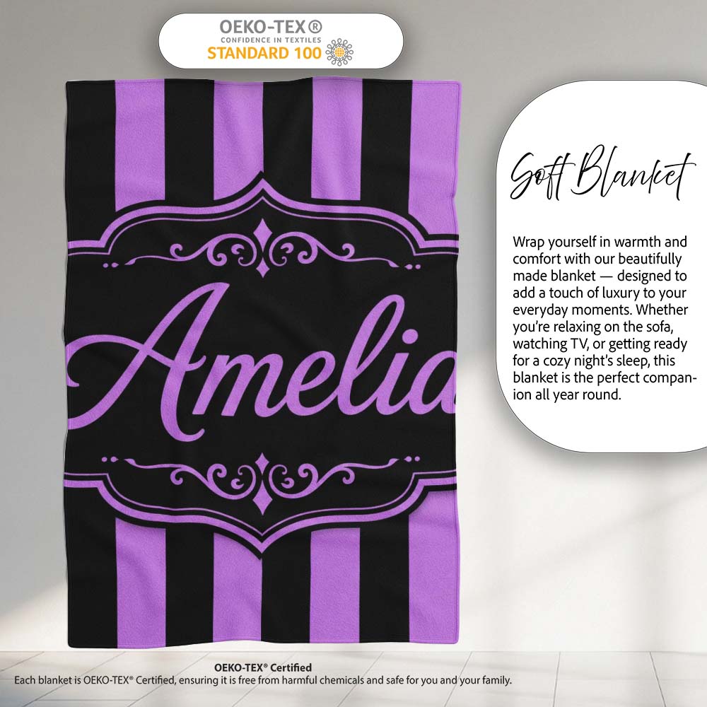 Purple Black Wavy Stripe Abstract Seamless Pattern Name Cute Unique Personalised Custom Name Super Soft Fleece Blanket Bed Sofa Throw