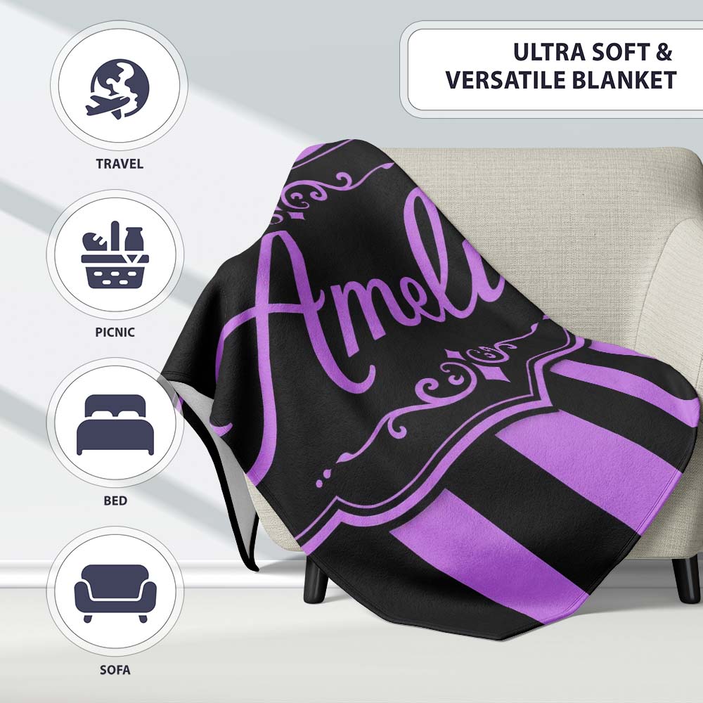 Purple Black Wavy Stripe Abstract Seamless Pattern Name Cute Unique Personalised Custom Name Super Soft Fleece Blanket Bed Sofa Throw