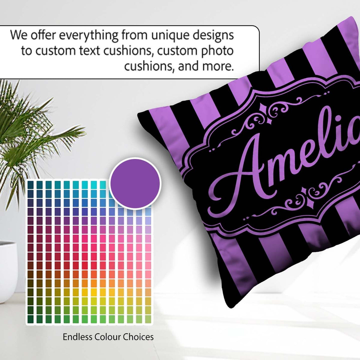 Custom Name Purple Black Wavy Stripe Abstract Seamless Name Cute Square Filled Cushion Throw Pillow Sofa Bed Home Decor Zip Washable UK Made