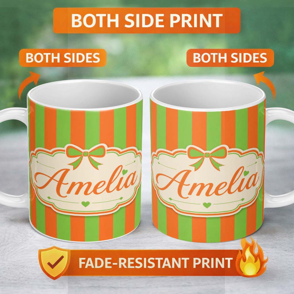 Personalized Custom Name Orange and Green Wavy Stripe Abstract Seamless Pattern Name Cute 11oz Ceramic Coffee Tea Mug White Large Handle