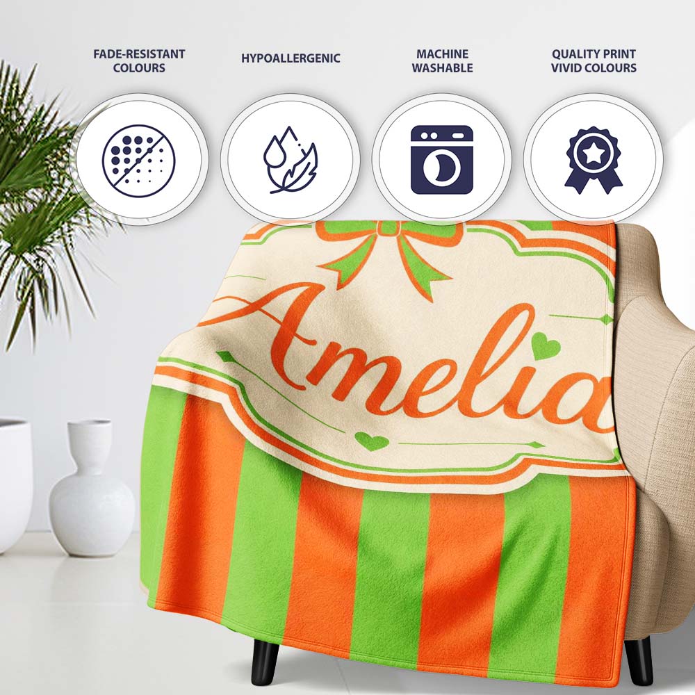 Orange and Green Wavy Stripe Abstract Seamless Pattern Name Cute Personalised Custom Name Super Soft Fleece Blanket Bed Sofa Throw