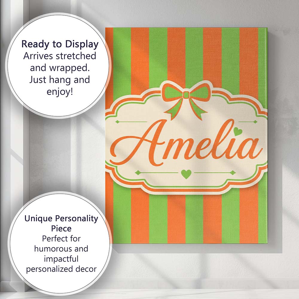 Personalised Name Orange and Green Wavy Custom Modern Room Accent Elegant Feature Canvas Wall Art Print Decor Picture Ready to Hang