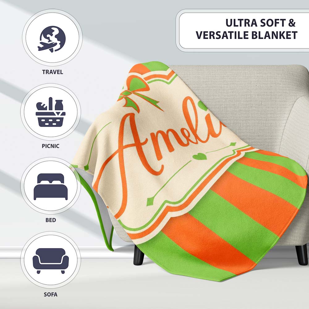 Orange and Green Wavy Stripe Abstract Seamless Pattern Name Cute Personalised Custom Name Super Soft Fleece Blanket Bed Sofa Throw