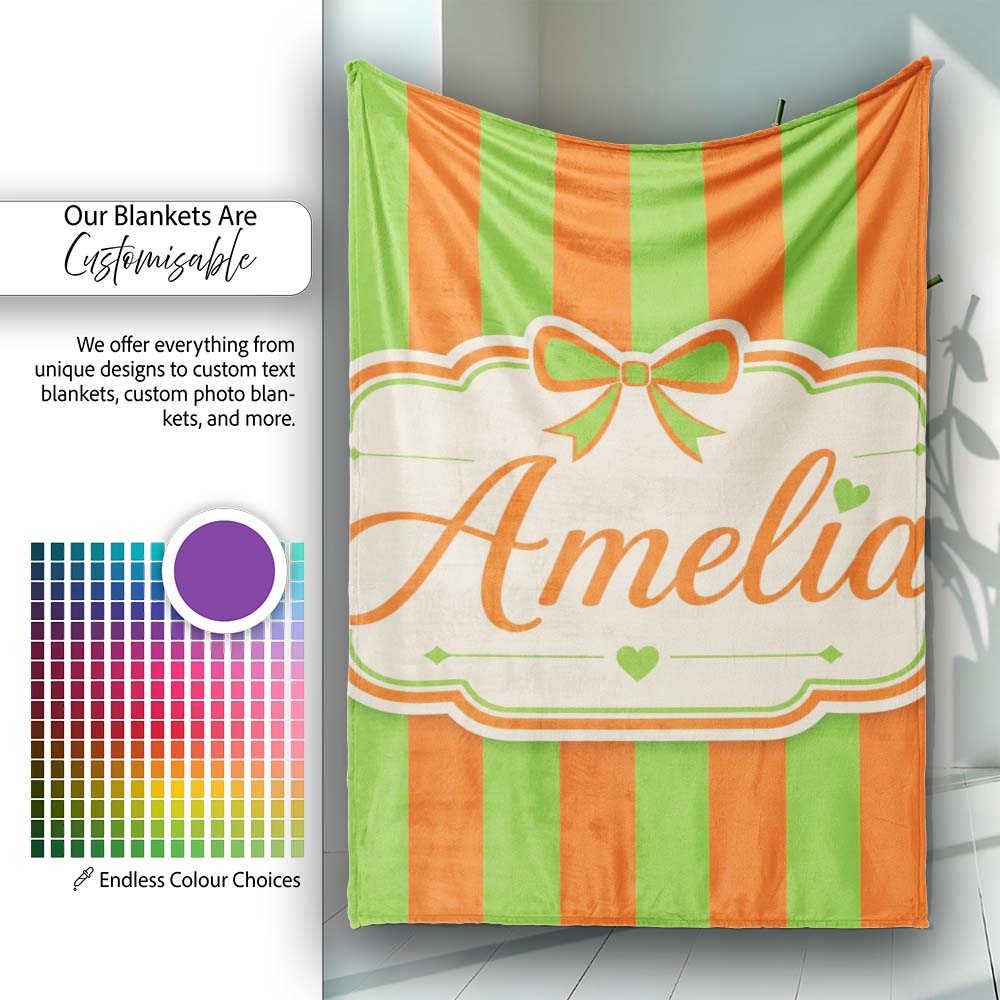 Orange and Green Wavy Stripe Abstract Seamless Pattern Name Cute Personalised Custom Name Super Soft Fleece Blanket Bed Sofa Throw
