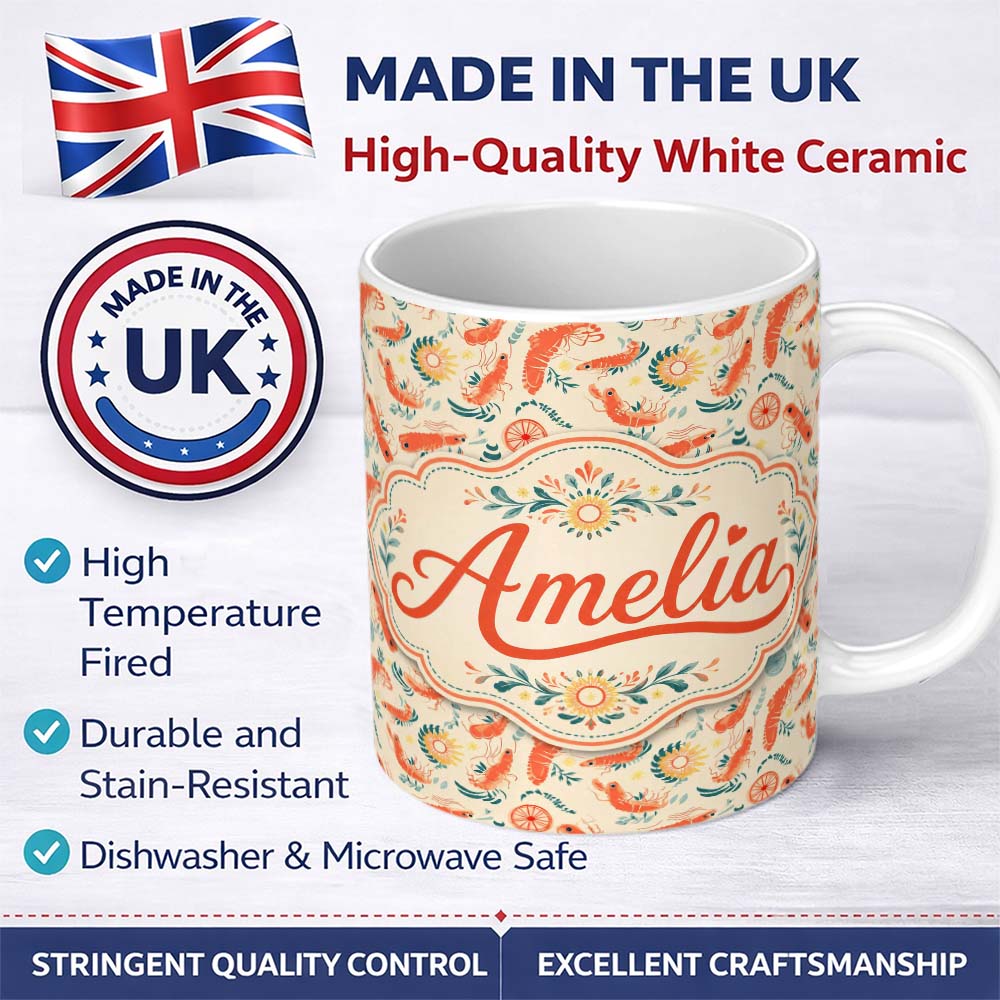 Personalized Custom Name Decorative Prawn with Citrus and Botanical Elements Seamless Pattern 11oz Ceramic Coffee Tea Mug White Large Handle