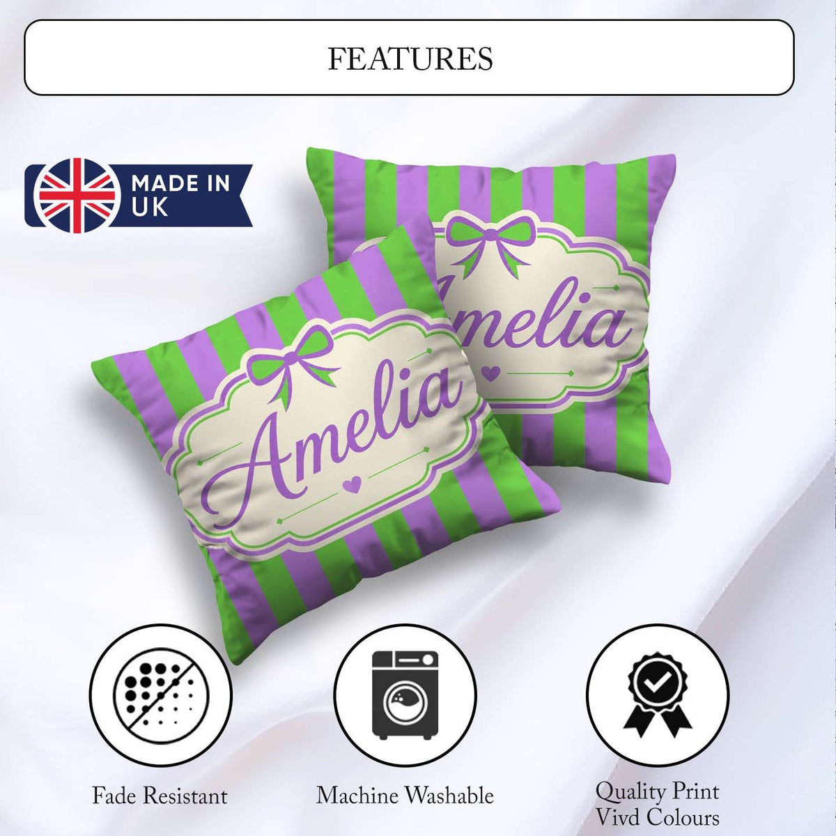 Custom Name Green and Purple Wavy Abstract Seamless Pattern Name Square Filled Cushion Throw Pillow Sofa Bed Home Decor Zip Washable UK Made