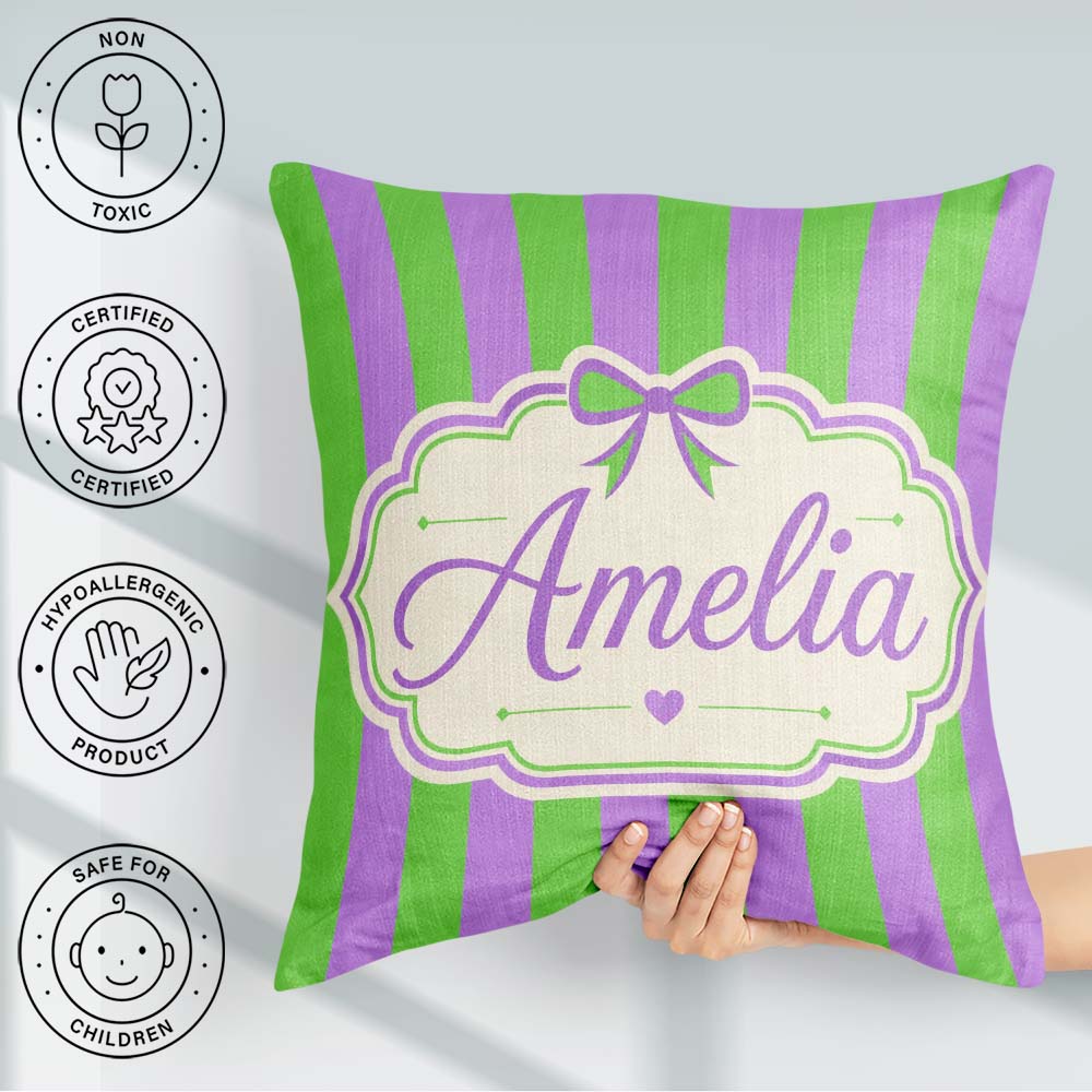Custom Name Green and Purple Wavy Abstract Seamless Pattern Name Square Filled Cushion Throw Pillow Sofa Bed Home Decor Zip Washable UK Made