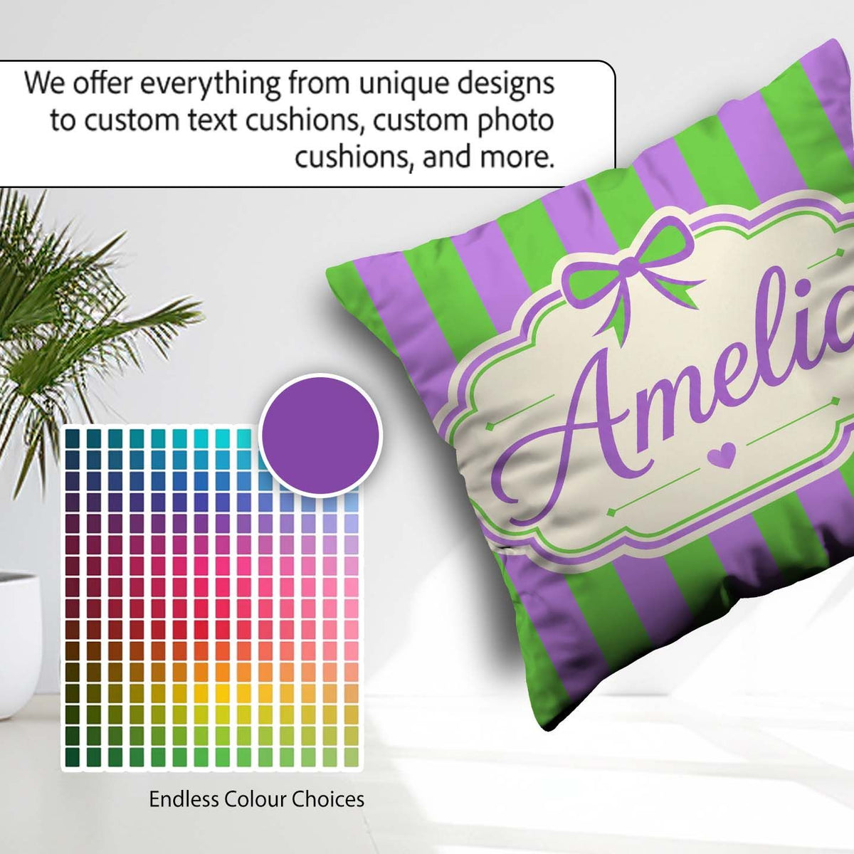 Custom Name Green and Purple Wavy Abstract Seamless Pattern Name Square Filled Cushion Throw Pillow Sofa Bed Home Decor Zip Washable UK Made