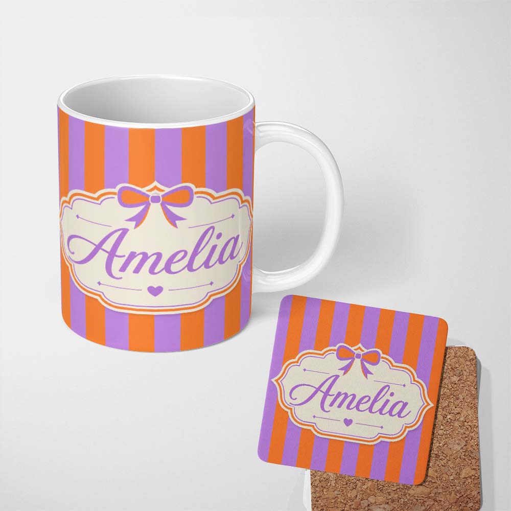 Personalized Custom Name Orange and Purple Wavy Stripe Abstract Seamless Pattern Name Cute 11oz Ceramic Coffee Tea Mug White Large Handle