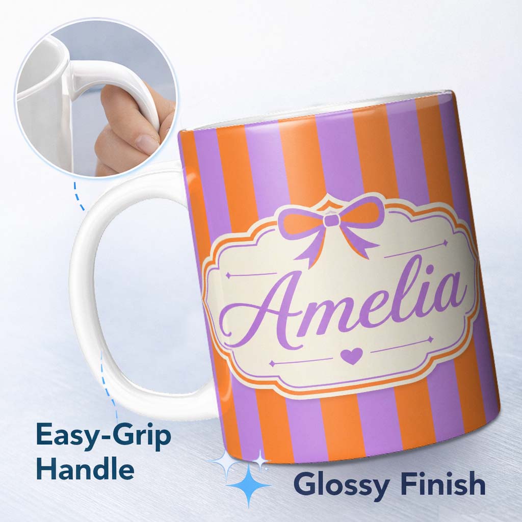 Personalized Custom Name Orange and Purple Wavy Stripe Abstract Seamless Pattern Name Cute 11oz Ceramic Coffee Tea Mug White Large Handle