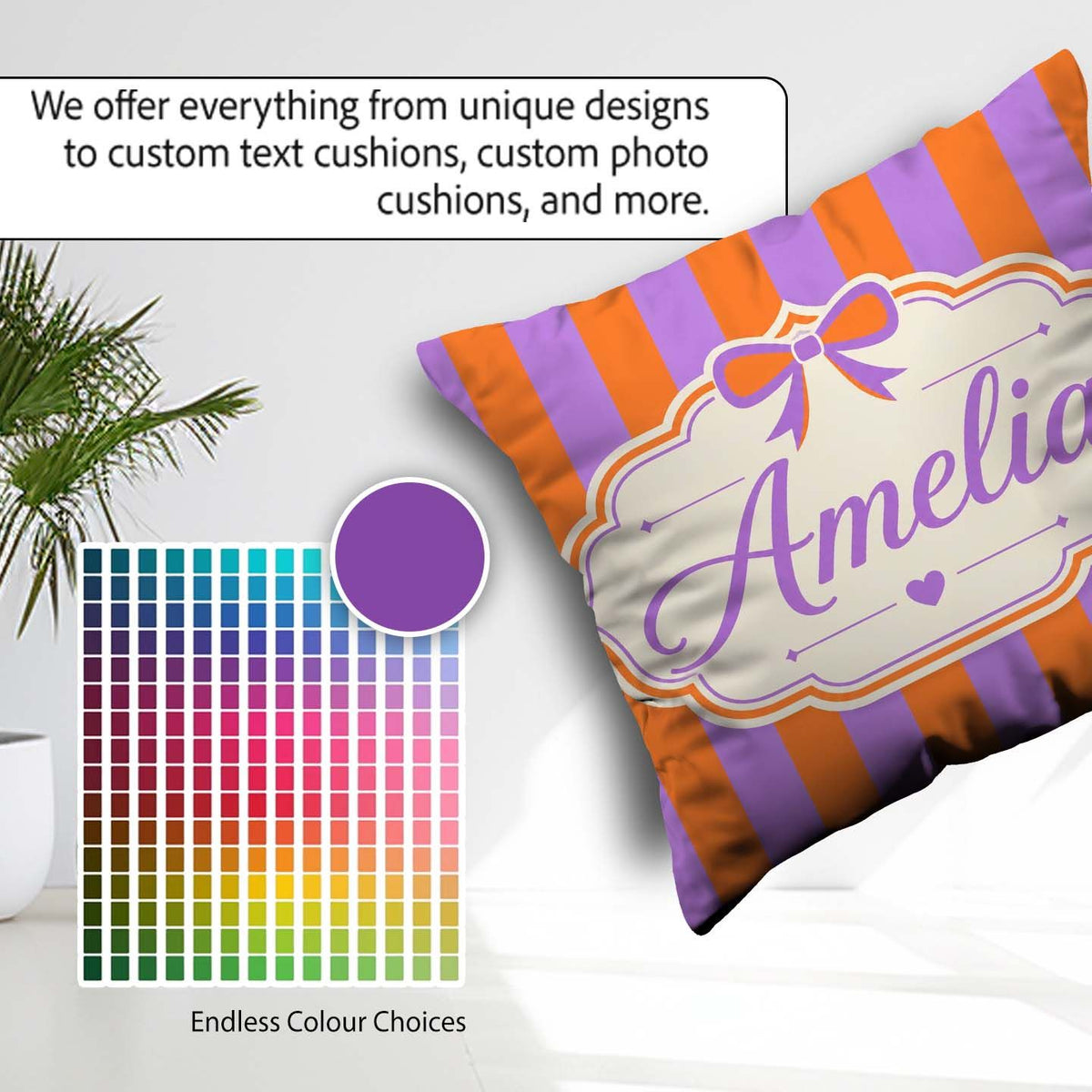 Custom Name Orange and Purple Wavy Stripe Abstract Seamless Name Square Filled Cushion Throw Pillow Sofa Bed Home Decor Zip Washable UK Made