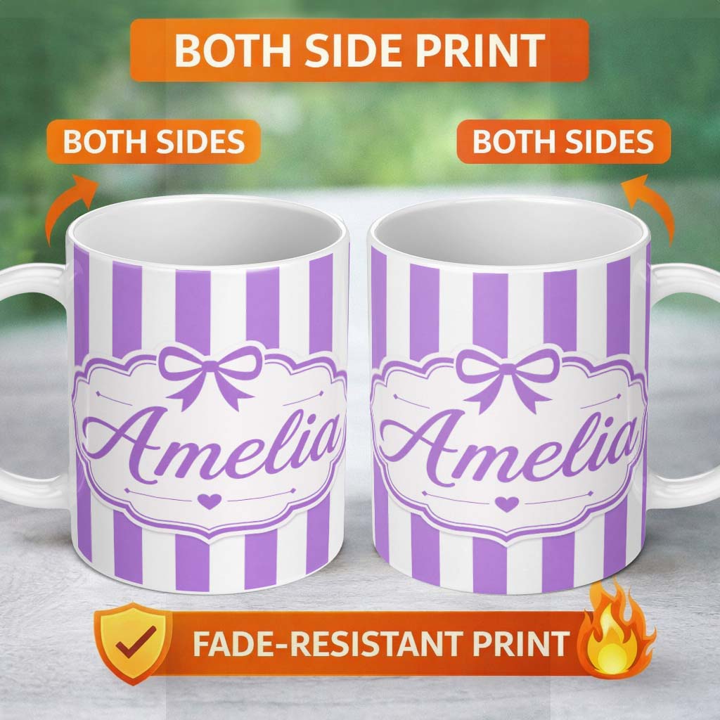 Personalized Custom Name Purple and White Wavy Stripe Abstract Seamless Pattern Name Cute 11oz Ceramic Coffee Tea Mug White Large Handle