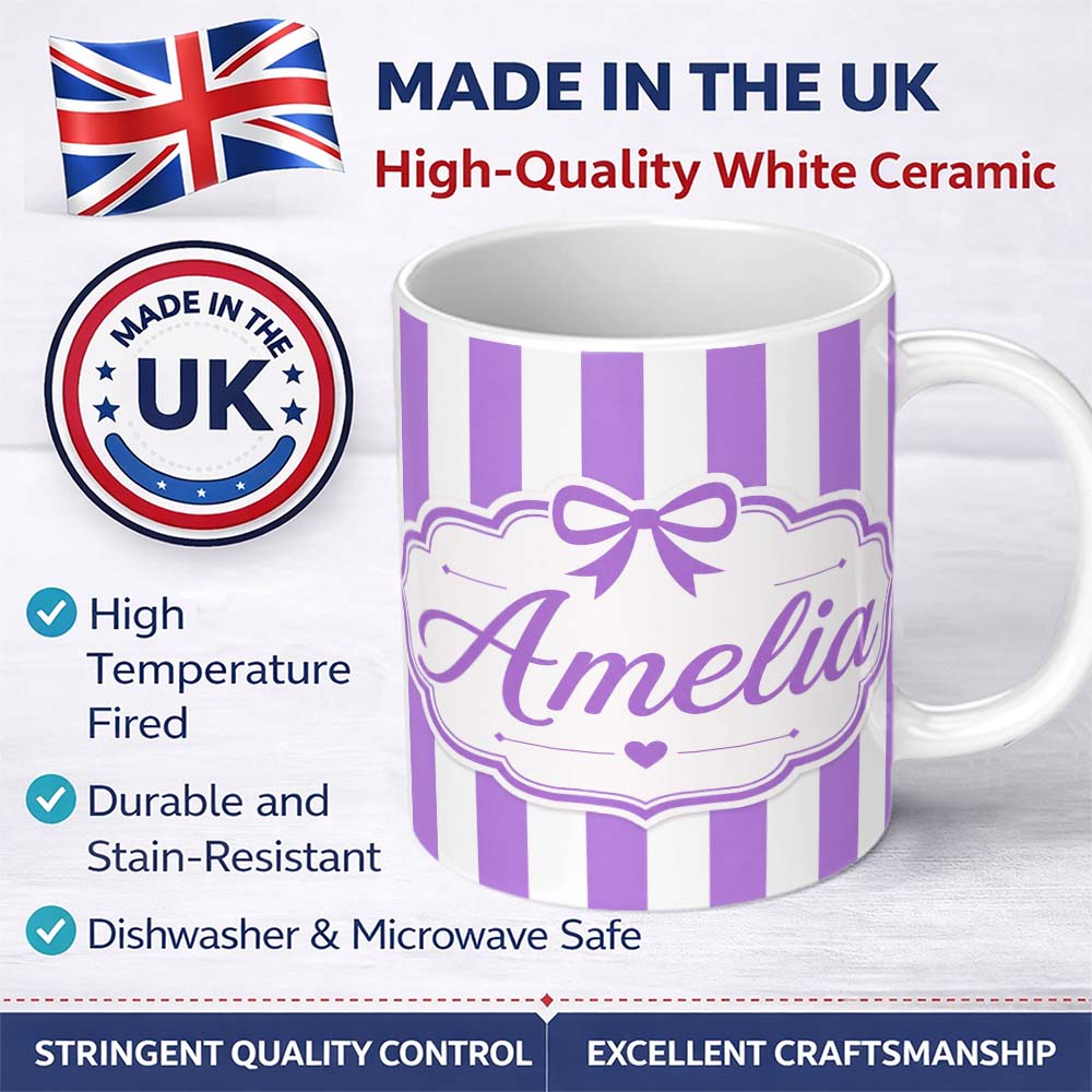 Personalized Custom Name Purple and White Wavy Stripe Abstract Seamless Pattern Name Cute 11oz Ceramic Coffee Tea Mug White Large Handle