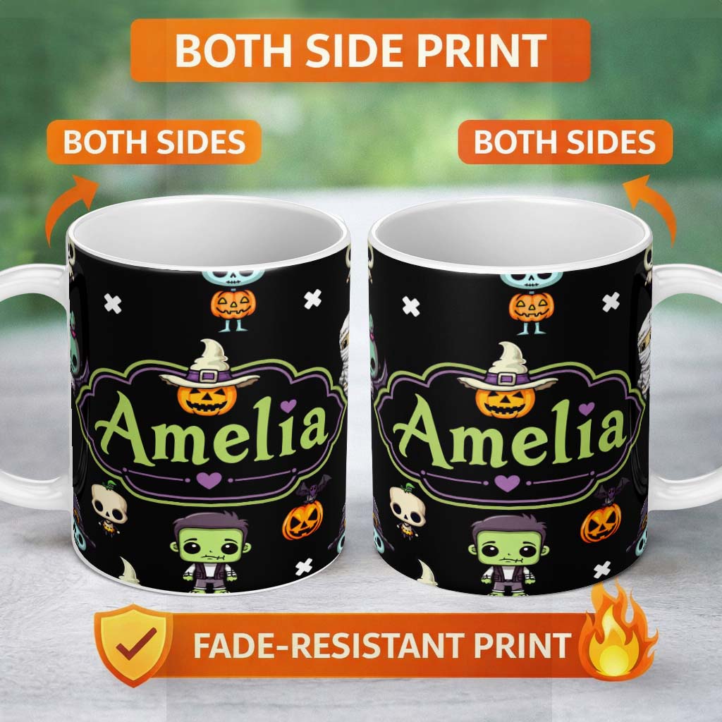 Personalized Custom Name Cute Halloween Characters Pumpkin Bat Ghost Seamless Pattern Name 11oz Ceramic Coffee Tea Mug White Large Handle