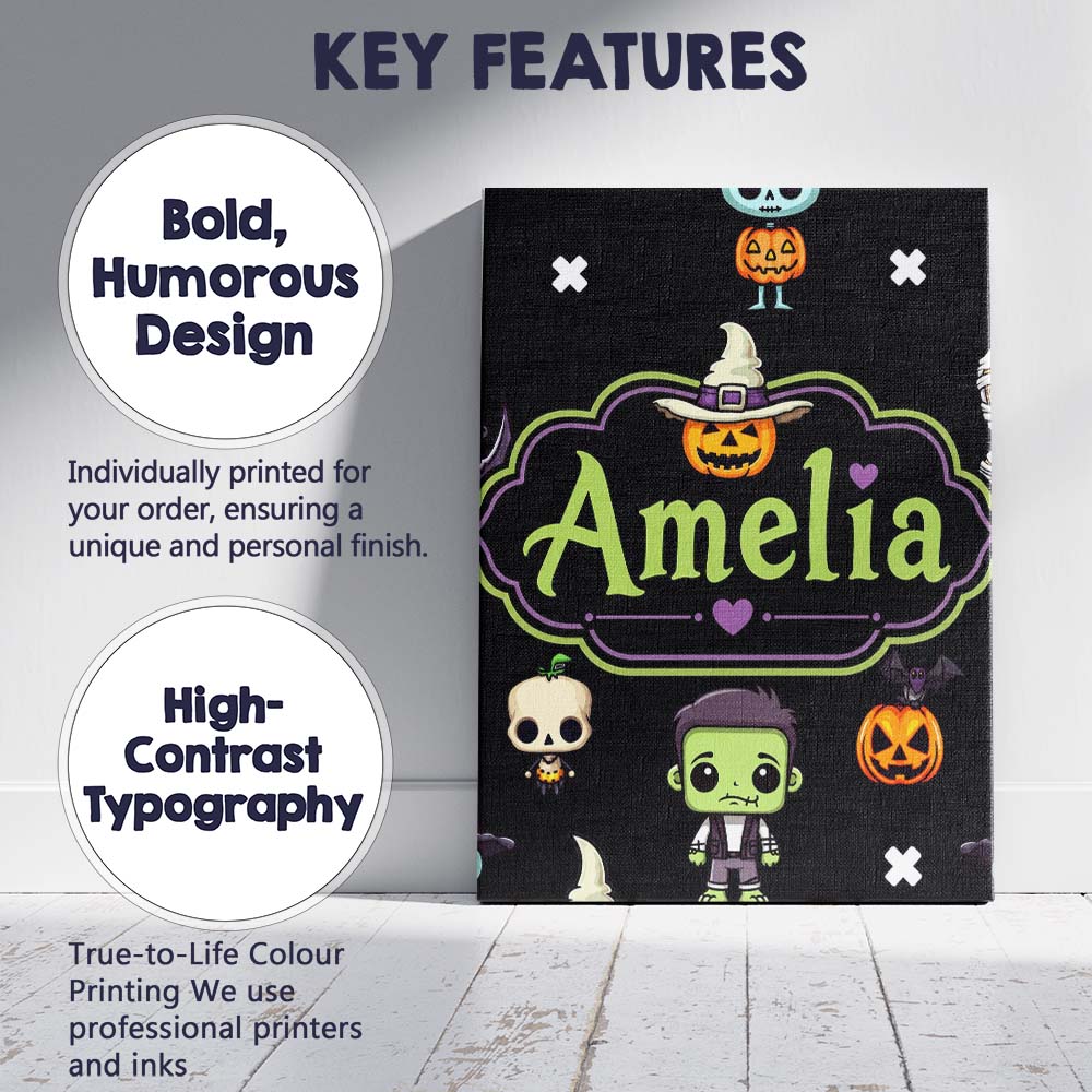 Personalised Name Cute Halloween Characters Custom Bespoke Interior Contemporary Canvas Wall Art Print Decor Picture Ready to Hang