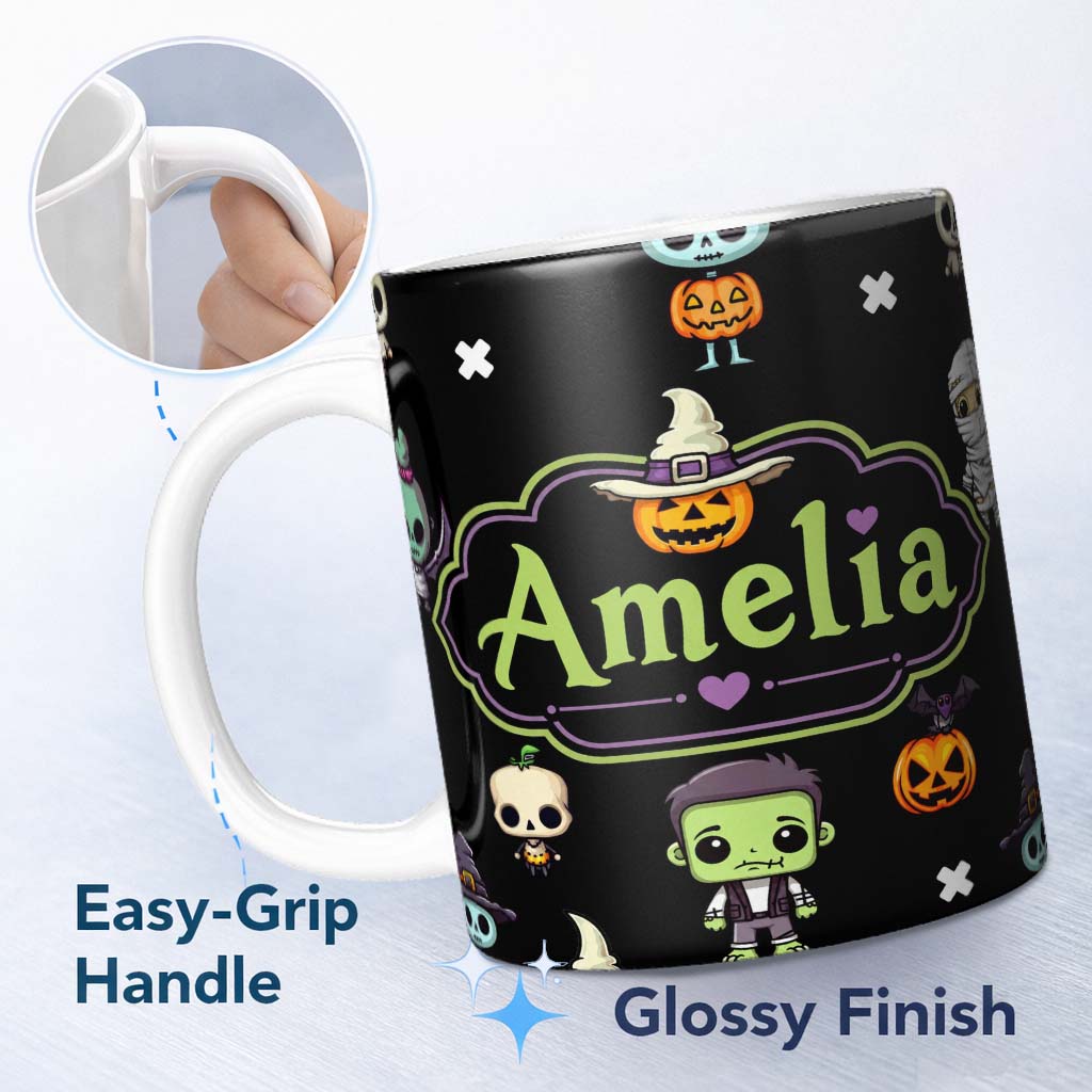 Personalized Custom Name Cute Halloween Characters Pumpkin Bat Ghost Seamless Pattern Name 11oz Ceramic Coffee Tea Mug White Large Handle