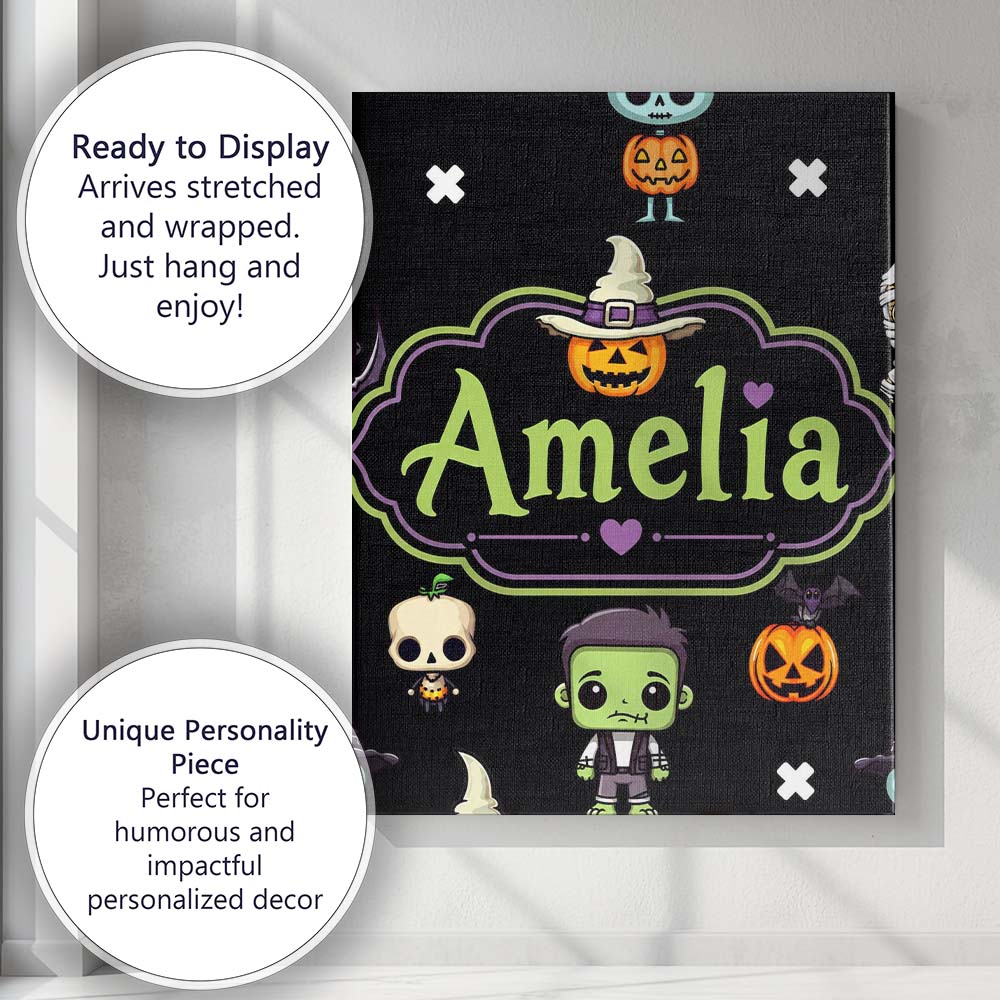 Personalised Name Cute Halloween Characters Custom Bespoke Interior Contemporary Canvas Wall Art Print Decor Picture Ready to Hang