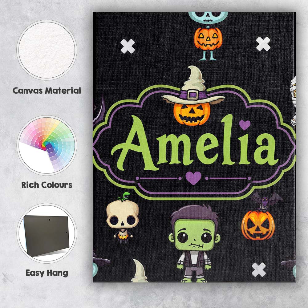 Personalised Name Cute Halloween Characters Custom Bespoke Interior Contemporary Canvas Wall Art Print Decor Picture Ready to Hang