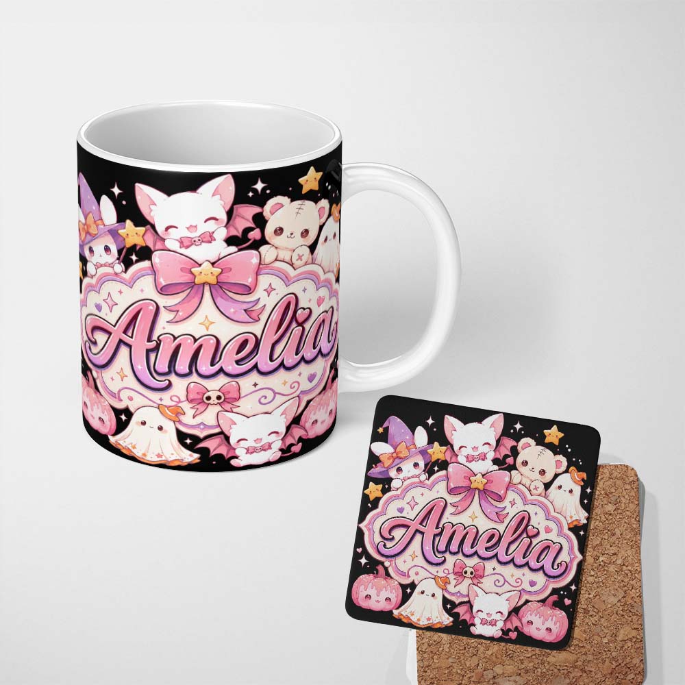 Personalized Custom Name Kawaii Halloween Bunny Witch Teddy Ghost Seamless Pattern Custom 11oz Ceramic Coffee Tea Mug White Large Handle