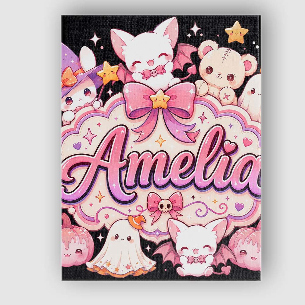 Personalised Name Kawaii Halloween Bunny Custom Unique Gift Idea Elegant Feature Canvas Wall Art Print Decor Picture Ready to Hang
