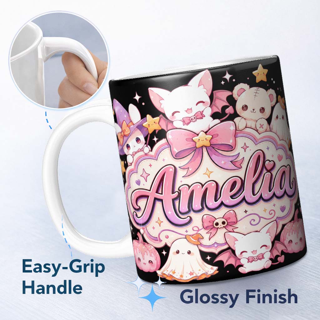 Personalized Custom Name Kawaii Halloween Bunny Witch Teddy Ghost Seamless Pattern Custom 11oz Ceramic Coffee Tea Mug White Large Handle