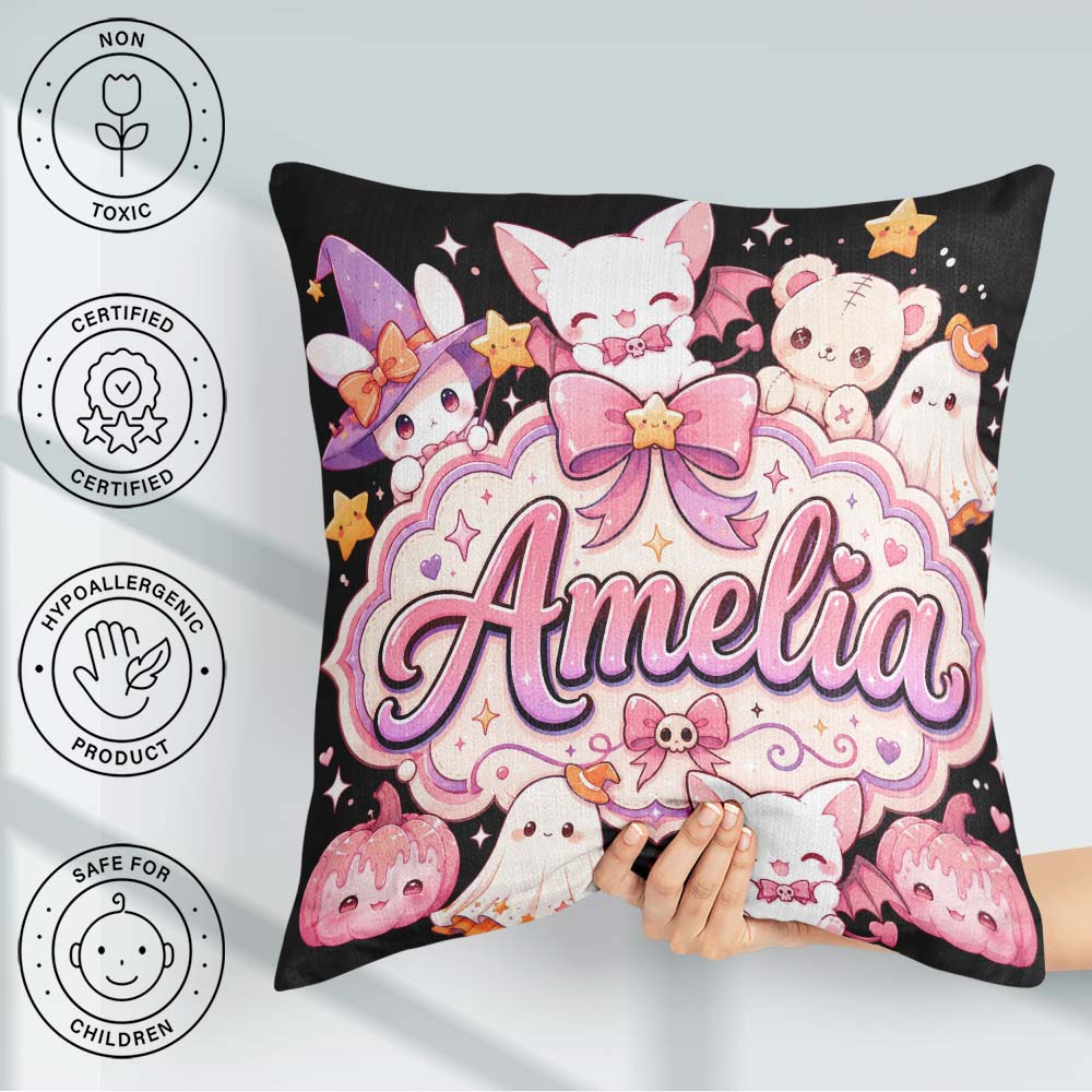 Custom Name Kawaii Halloween Bunny Witch Seamless Pattern Custom Square Filled Cushion Throw Pillow Sofa Bed Home Decor Zip Washable UK Made
