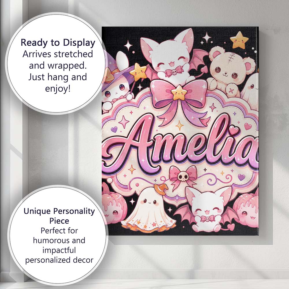 Personalised Name Kawaii Halloween Bunny Custom Unique Gift Idea Elegant Feature Canvas Wall Art Print Decor Picture Ready to Hang
