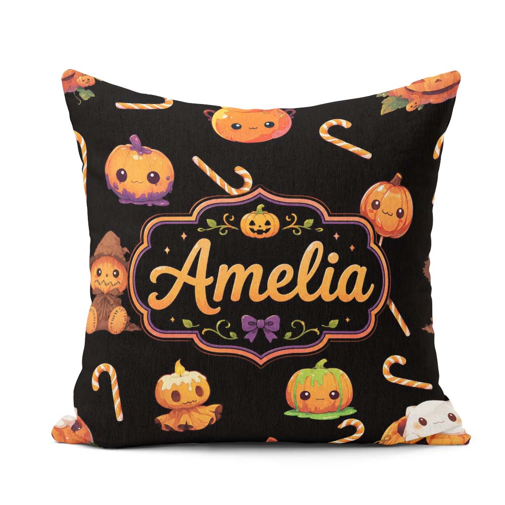 Custom Name Cute Halloween Pumpkin Cartoon Seamless Pattern Name Square Filled Cushion Throw Pillow Sofa Bed Home Decor Zip Washable UK Made