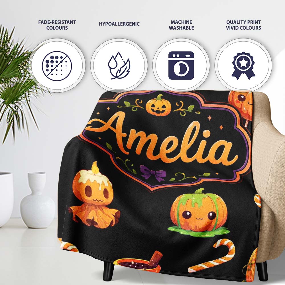Cute Halloween Pumpkin Candy Cartoon Seamless Pattern Name Unique Personalised Custom Name Super Soft Fleece Blanket Bed Sofa Throw