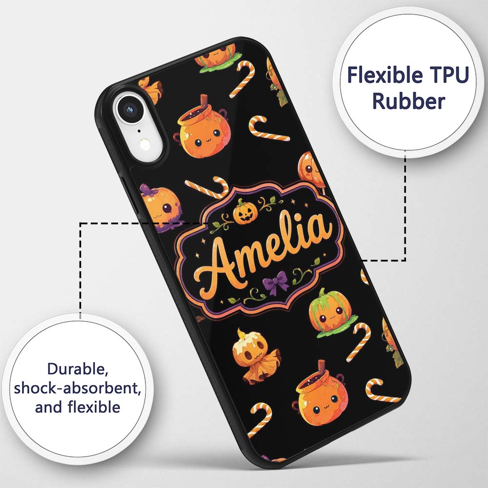 Cute Halloween Pumpkin Candy Cartoon Seamless Custom Name Protective Phone Case Mobile Cover Durable Everyday Smartphone Shock Resistant