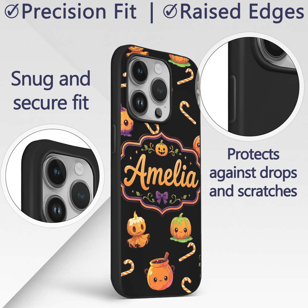 Cute Halloween Pumpkin Candy Cartoon Seamless Custom Name Protective Phone Case Mobile Cover Durable Everyday Smartphone Shock Resistant