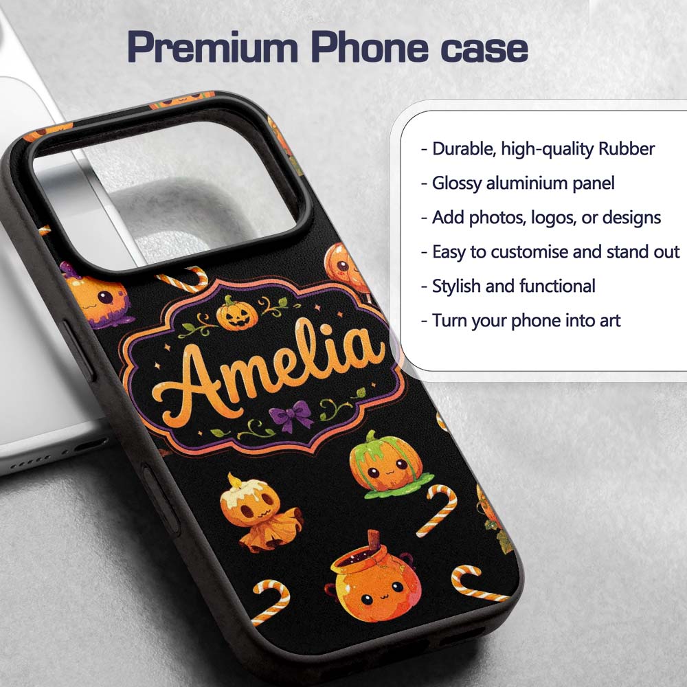 Cute Halloween Pumpkin Candy Cartoon Seamless Custom Name Protective Phone Case Mobile Cover Durable Everyday Smartphone Shock Resistant