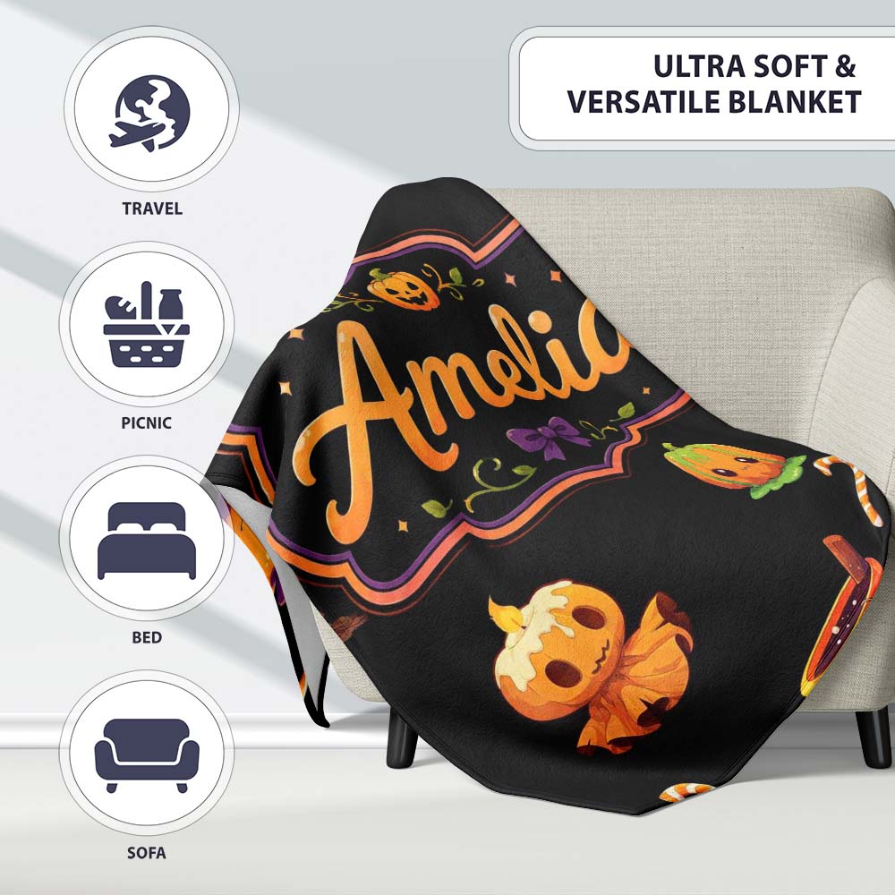 Cute Halloween Pumpkin Candy Cartoon Seamless Pattern Name Unique Personalised Custom Name Super Soft Fleece Blanket Bed Sofa Throw