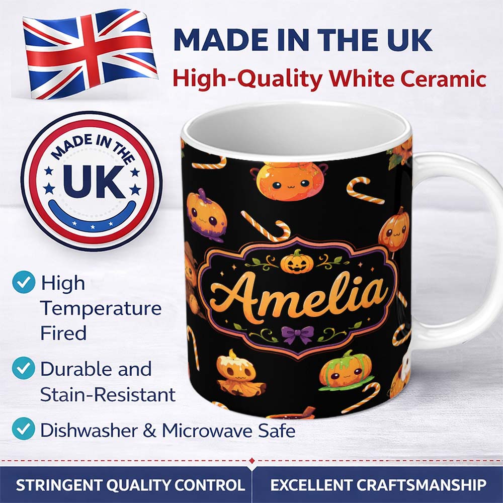 Personalized Custom Name Cute Halloween Pumpkin Candy Cartoon Seamless Pattern Name Unique 11oz Ceramic Coffee Tea Mug White Large Handle
