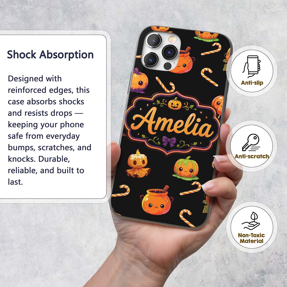 Cute Halloween Pumpkin Candy Cartoon Seamless Custom Name Protective Phone Case Mobile Cover Durable Everyday Smartphone Shock Resistant