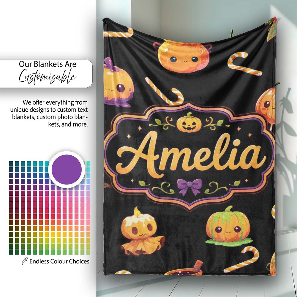 Cute Halloween Pumpkin Candy Cartoon Seamless Pattern Name Unique Personalised Custom Name Super Soft Fleece Blanket Bed Sofa Throw