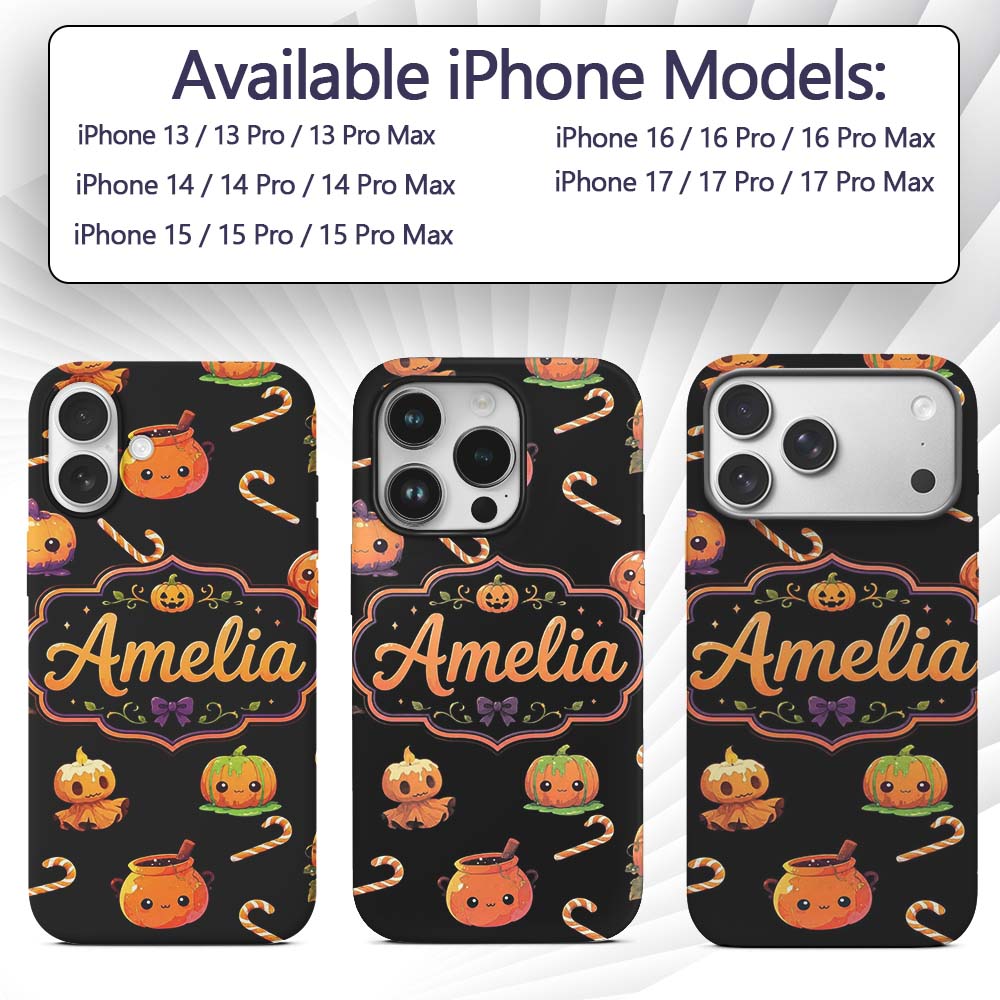 Cute Halloween Pumpkin Candy Cartoon Seamless Custom Name Protective Phone Case Mobile Cover Durable Everyday Smartphone Shock Resistant