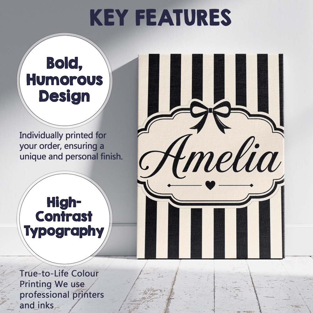 Personalised Name Black and White Wavy Custom Modern Room Accent Elegant Feature Canvas Wall Art Print Decor Picture Ready to Hang