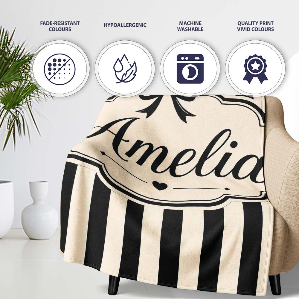 Black and White Wavy Stripe Abstract Seamless Pattern Name Cute Personalised Custom Name Super Soft Fleece Blanket Bed Sofa Throw
