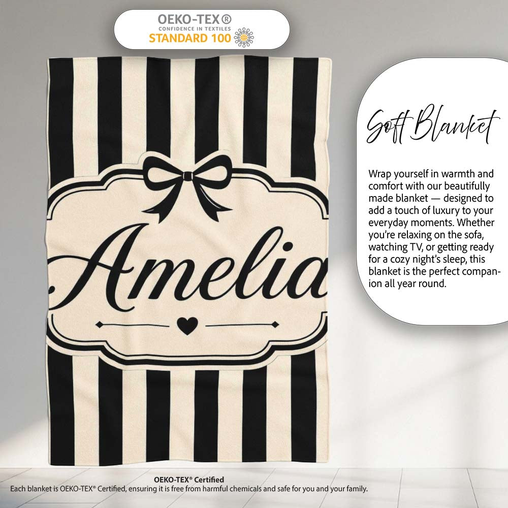 Black and White Wavy Stripe Abstract Seamless Pattern Name Cute Personalised Custom Name Super Soft Fleece Blanket Bed Sofa Throw