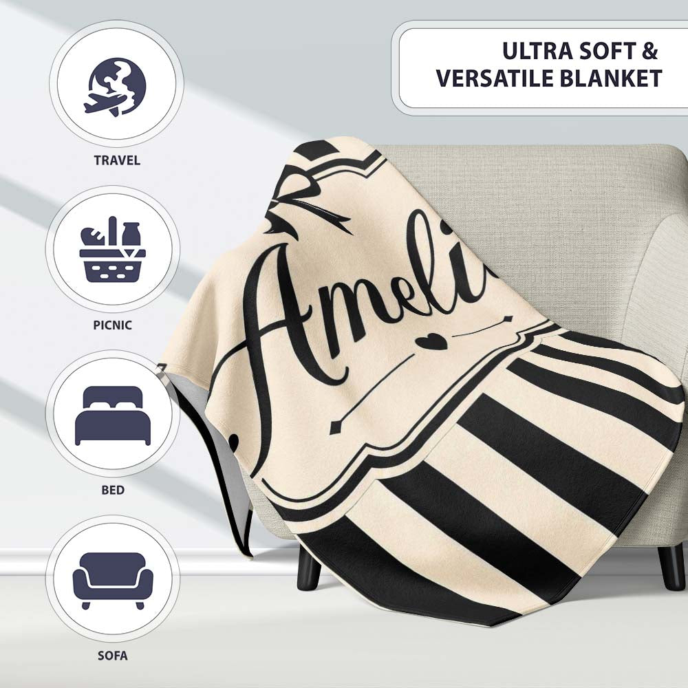 Black and White Wavy Stripe Abstract Seamless Pattern Name Cute Personalised Custom Name Super Soft Fleece Blanket Bed Sofa Throw